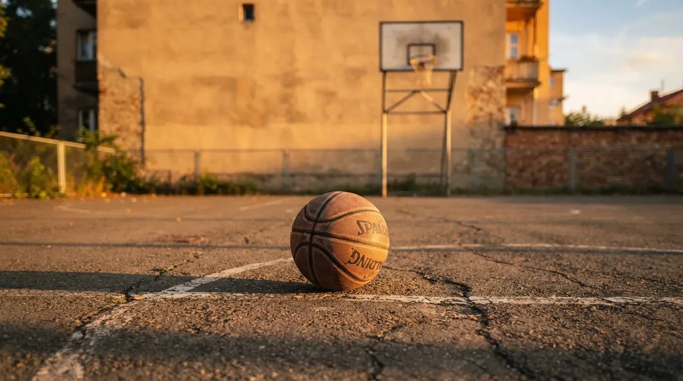 Ein Basketball liegt auf einem Asphaltplatz in einem Hinterhof zwischen Wohnblöcken, das Abendlicht färbt die Wände warm.