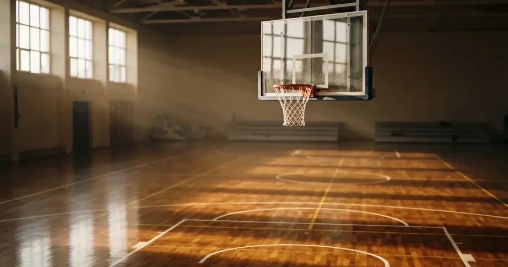 Ein Basketballkorb mit Netz in einer leeren Halle, Licht fällt von hohen Fenstern auf den glänzenden Parkettboden.