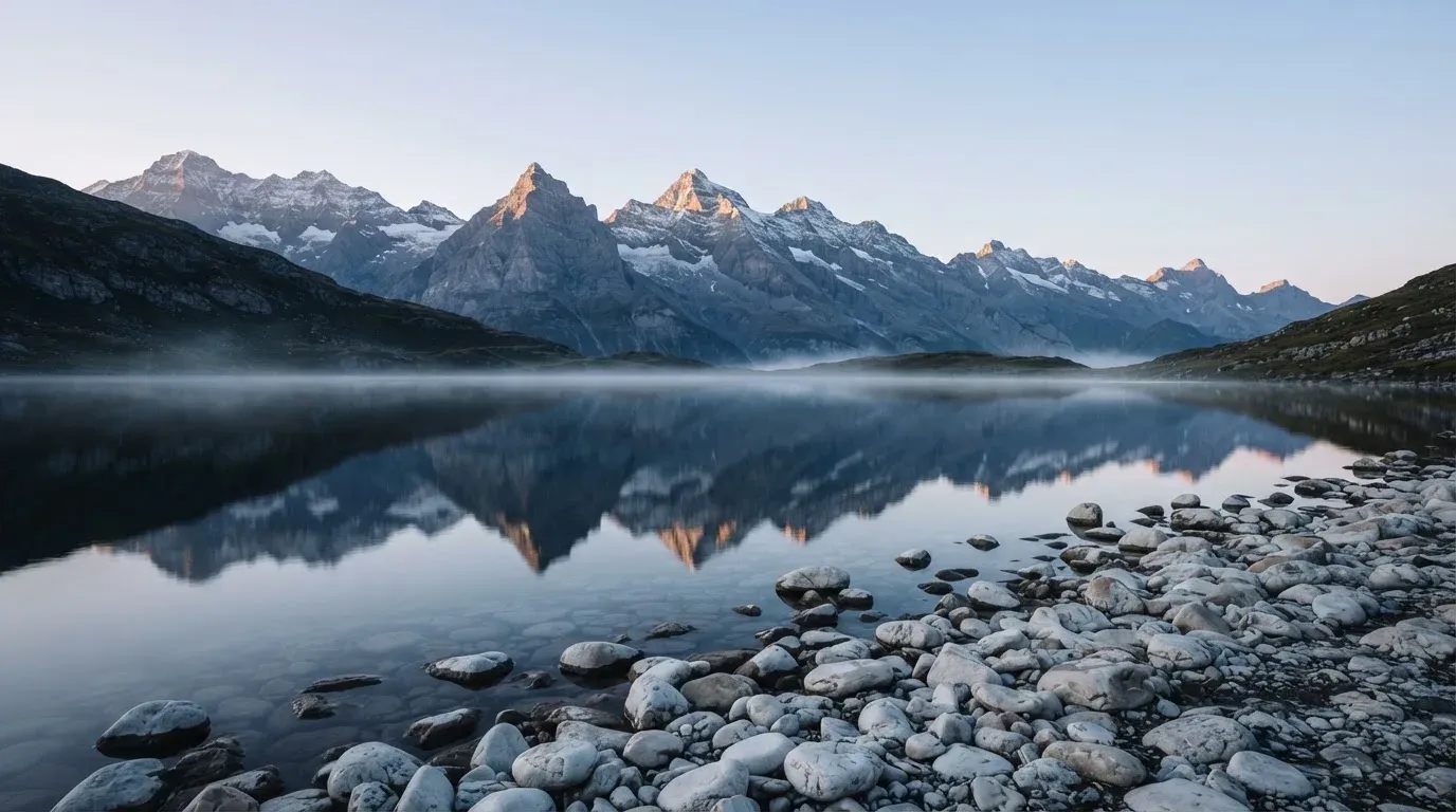 Ein Bergsee mit ruhigem Wasser und Gipfeln im Morgenlicht, am Ufer liegen glatte Steine.