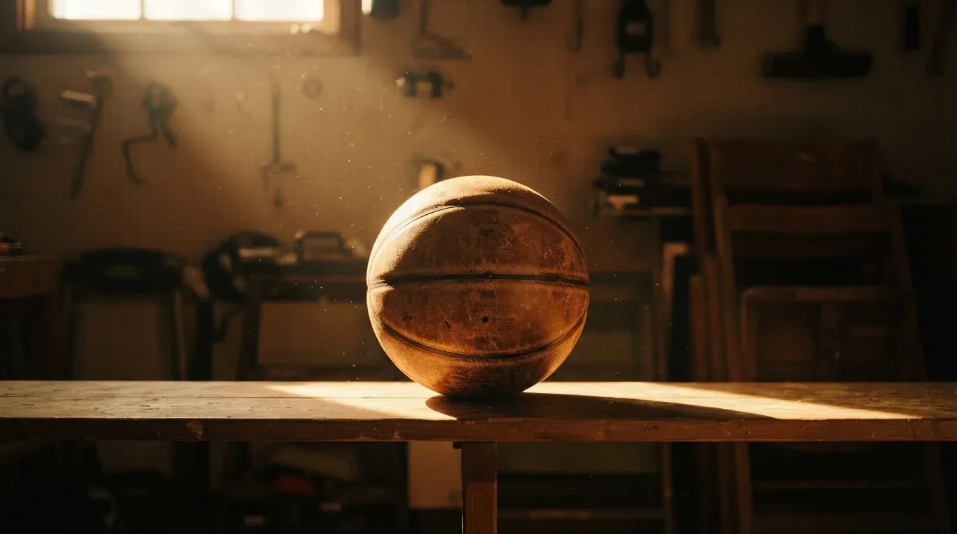 Ein abgenutzter Lederball liegt auf einem Holzregal in einem Vereinsraum, ein Sonnenstrahl macht den Staub sichtbar.