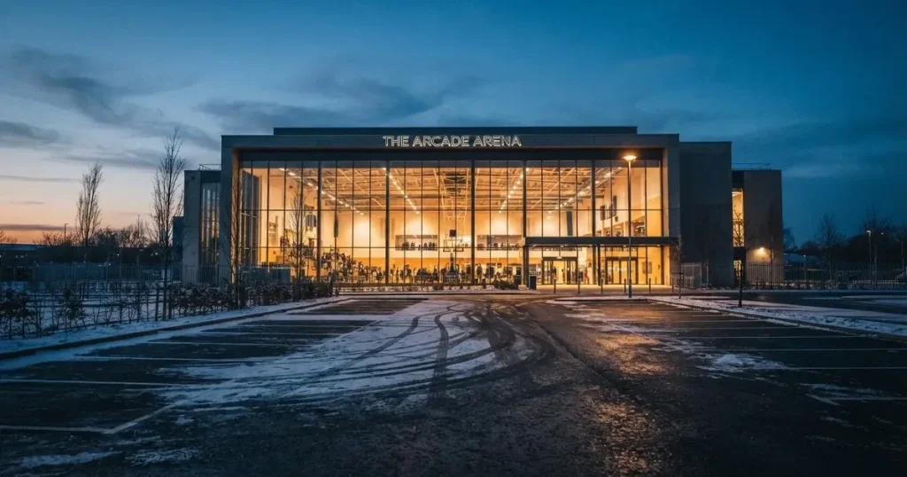 Eine Sporthalle von aussen in der Dämmerung mit erleuchteten Fenstern, davor ein leerer Parkplatz mit etwas Schnee.