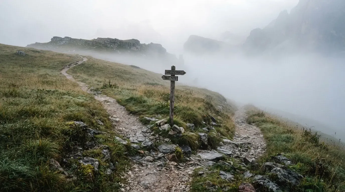 Eine Weggabelung auf einer Alpweide, zwei Pfade teilen sich zwischen Steinen, im Tal steigt Nebel auf.
