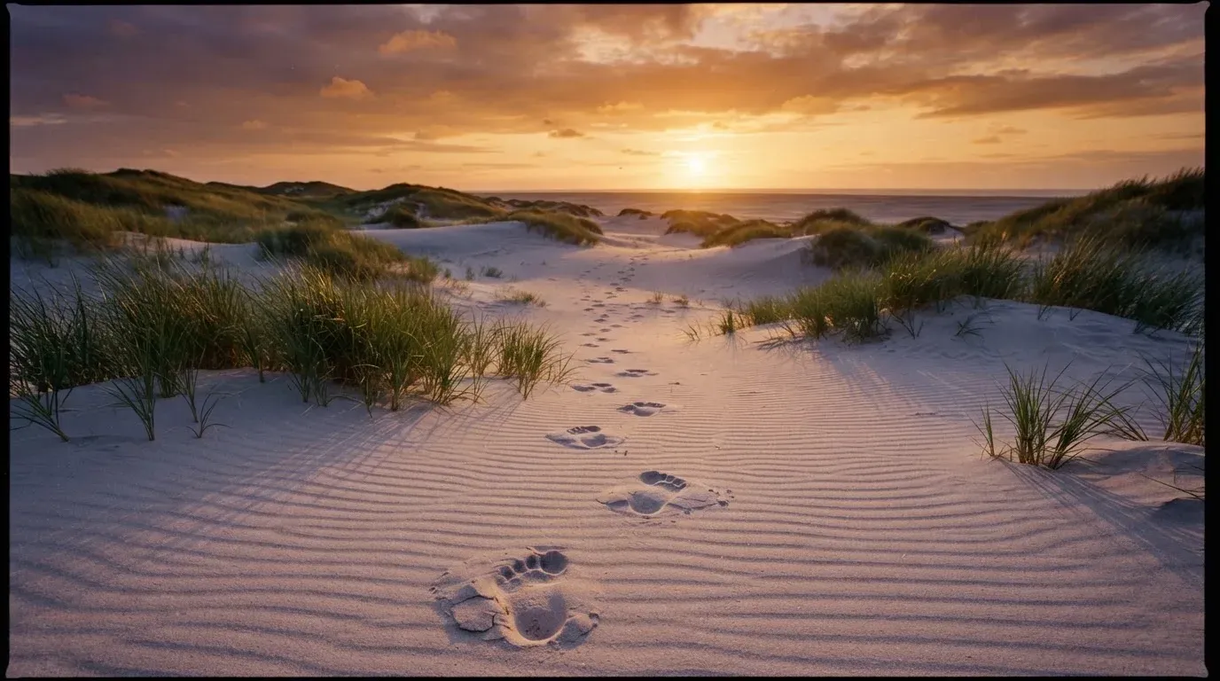 Spuren im Sand führen durch Dünengras auf den Horizont zu, die Sonne steht tief und färbt den Himmel orange.