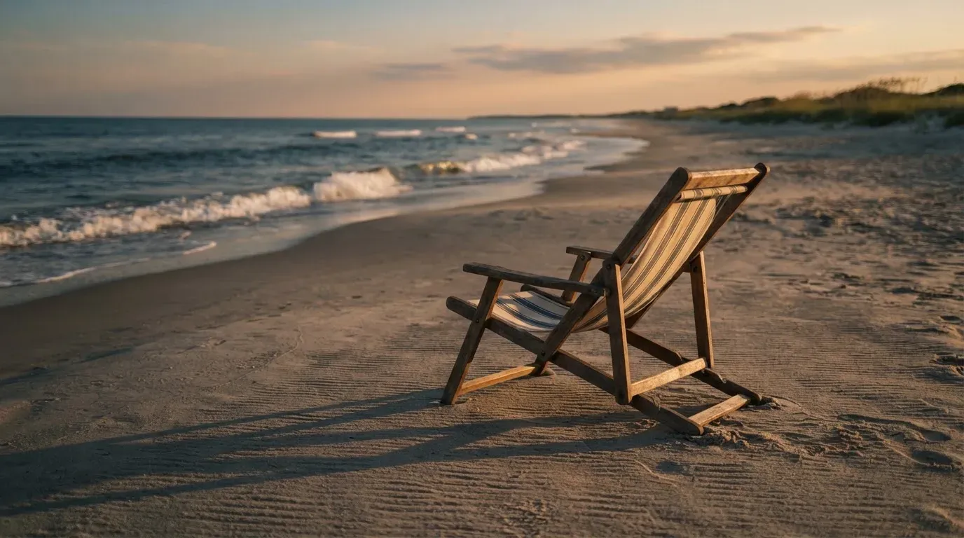 Ein leerer Liegestuhl aus Holz steht am Rand eines Sandstrands, Abendlicht und ruhige Wellen im Hintergrund.