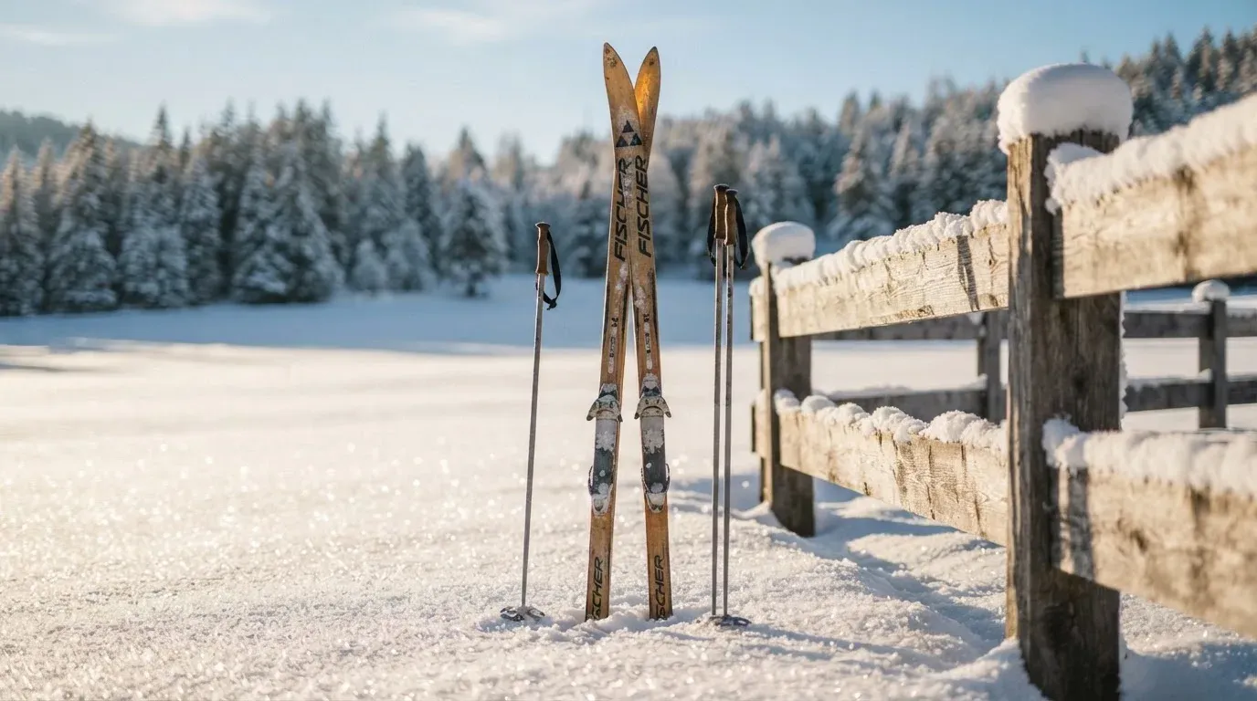 Ein Paar Langlaufskier steckt aufrecht im Schnee neben einem Holzzaun, die Sonne glitzert auf Eiskristallen.