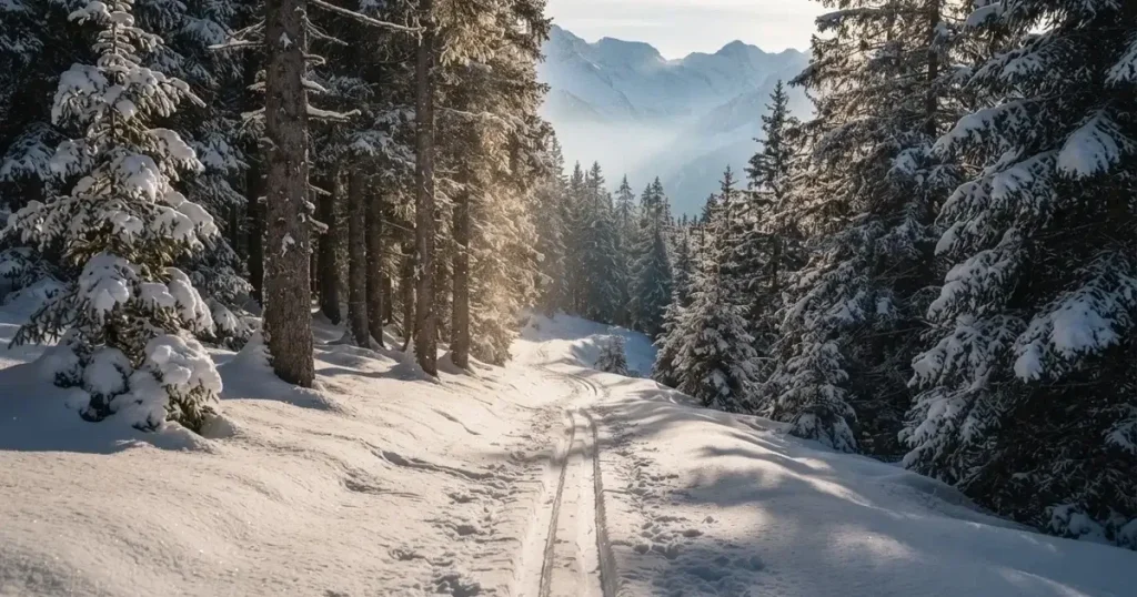 Eine verschneite Langlaufloipe führt durch Tannenwald im Morgenlicht, frische Spuren im Schnee, dahinter Berge im Dunst.