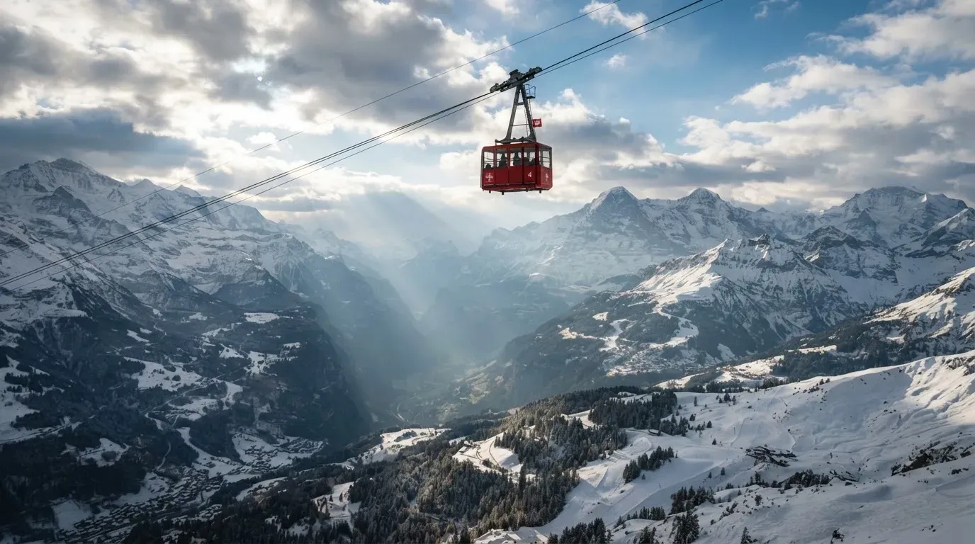 Eine Seilbahnkabine schwebt über einem verschneiten Tal, die Sonne bricht durch die Wolken und beleuchtet die Hänge.