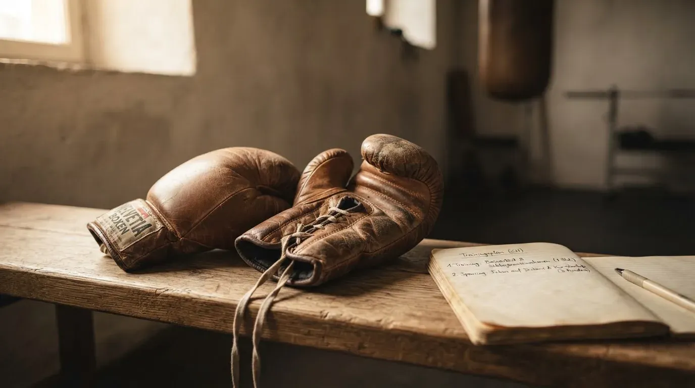 Ein Paar Boxhandschuhe aus Leder liegt auf einer Holzbank neben einem Notizbuch mit handgeschriebenen Zeilen, warmes Fensterlicht