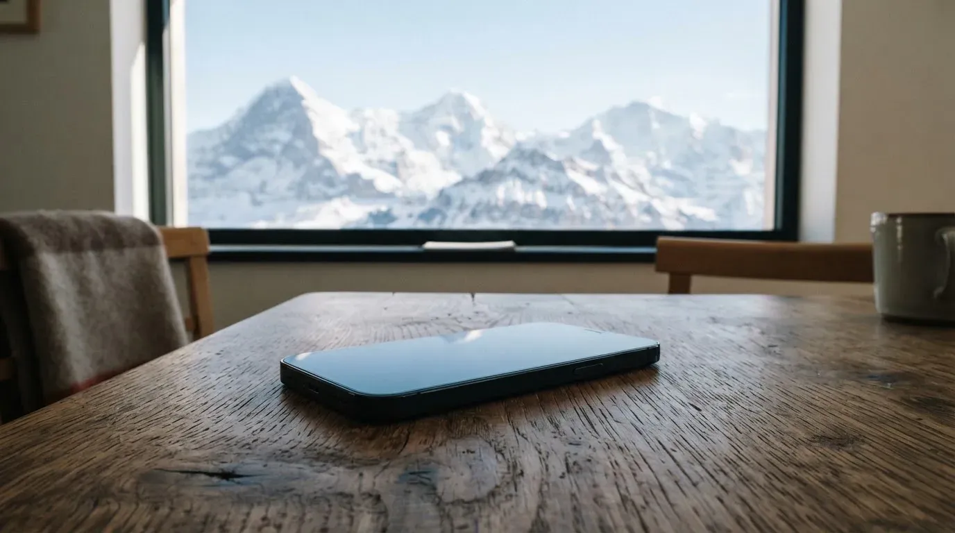 Ein Smartphone mit dunklem Bildschirm liegt auf einem Holztisch vor einem Fenster mit Blick auf schneebedeckte Gipfel