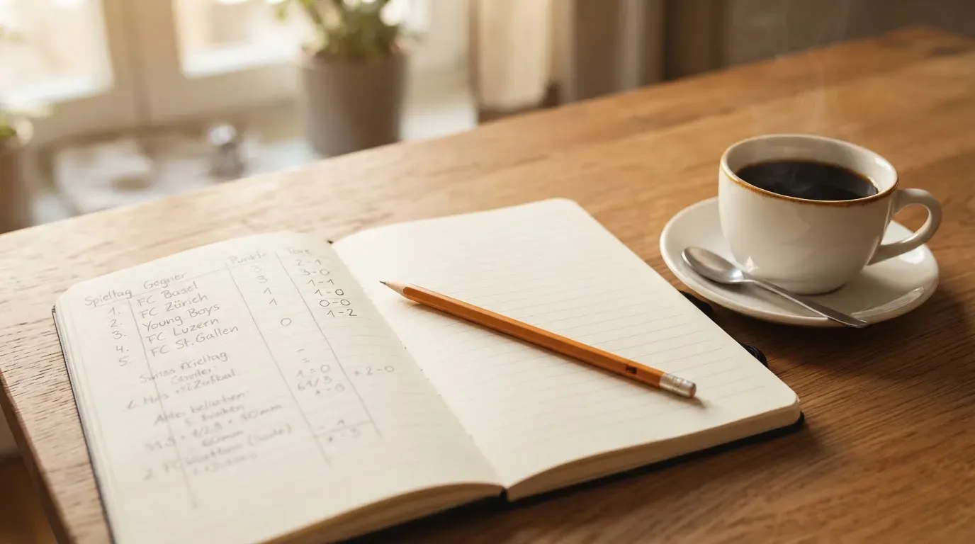 Ein aufgeschlagenes Notizbuch mit handgeschriebenen Spalten und ein Bleistift neben einer Tasse Kaffee auf einem Holztisch am Morgen