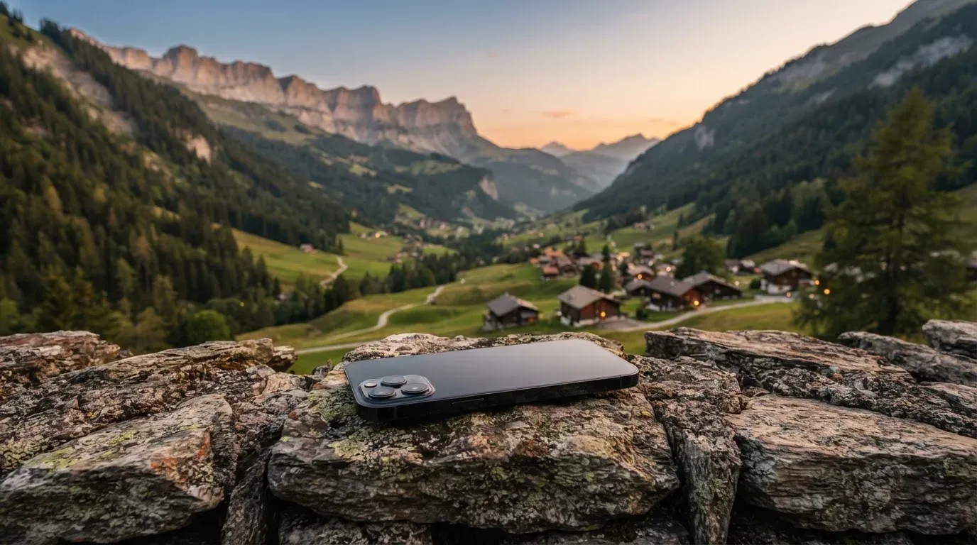 Ein Smartphone mit dunklem Display liegt auf einer Steinmauer, dahinter ein Alpental im Abendlicht
