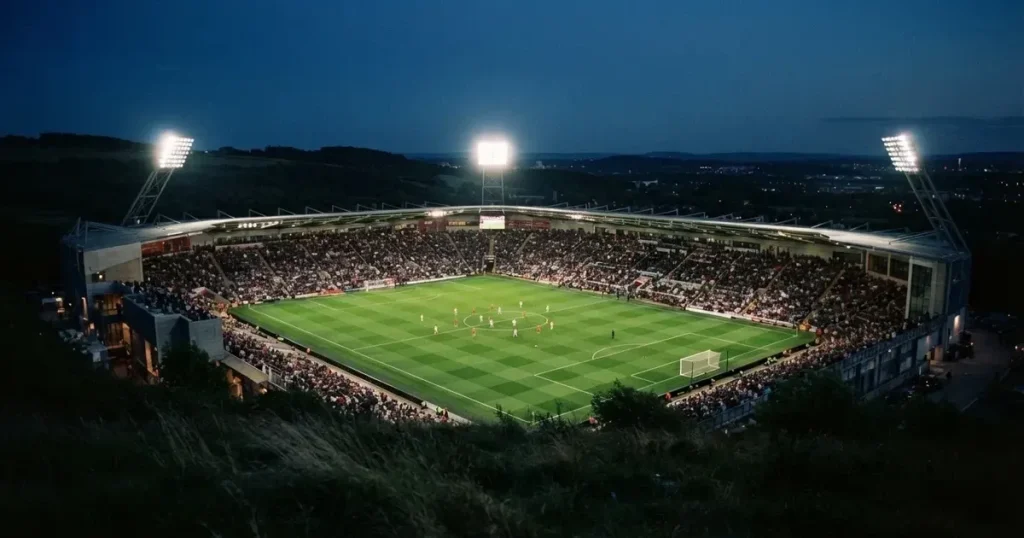 Ein Fussballstadion bei Flutlicht von einer Anhöhe aus gesehen, der Rasen leuchtet grün unter dunklem Abendhimmel