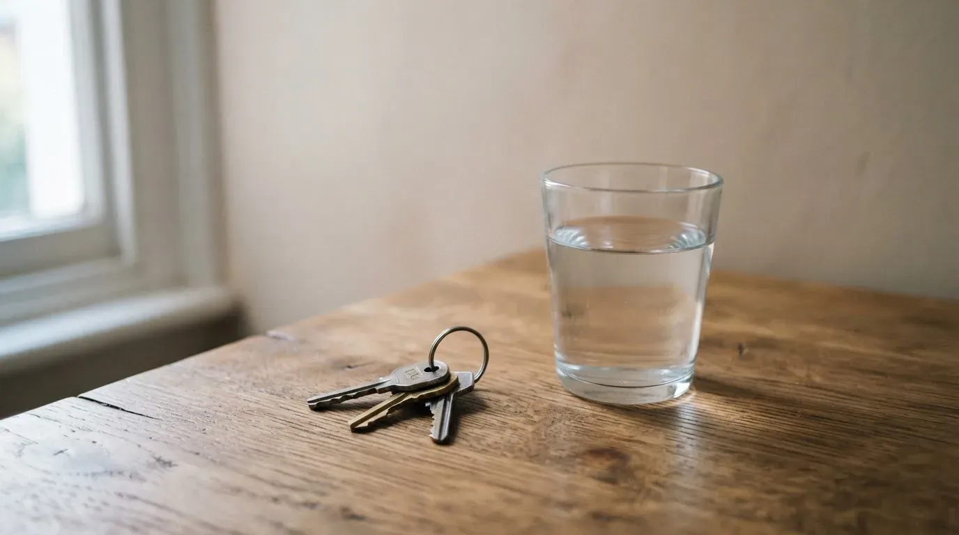 Ein Schlüsselbund und ein Glas Wasser stehen auf einem Holztisch im Licht eines Fensters