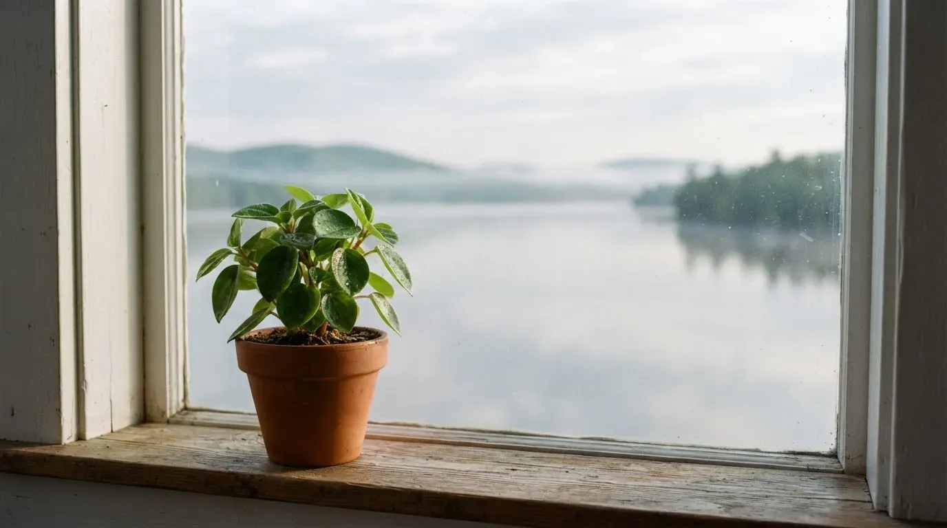 Eine Topfpflanze auf einem Fensterbrett mit weitem Blick über einen stillen See am Morgen