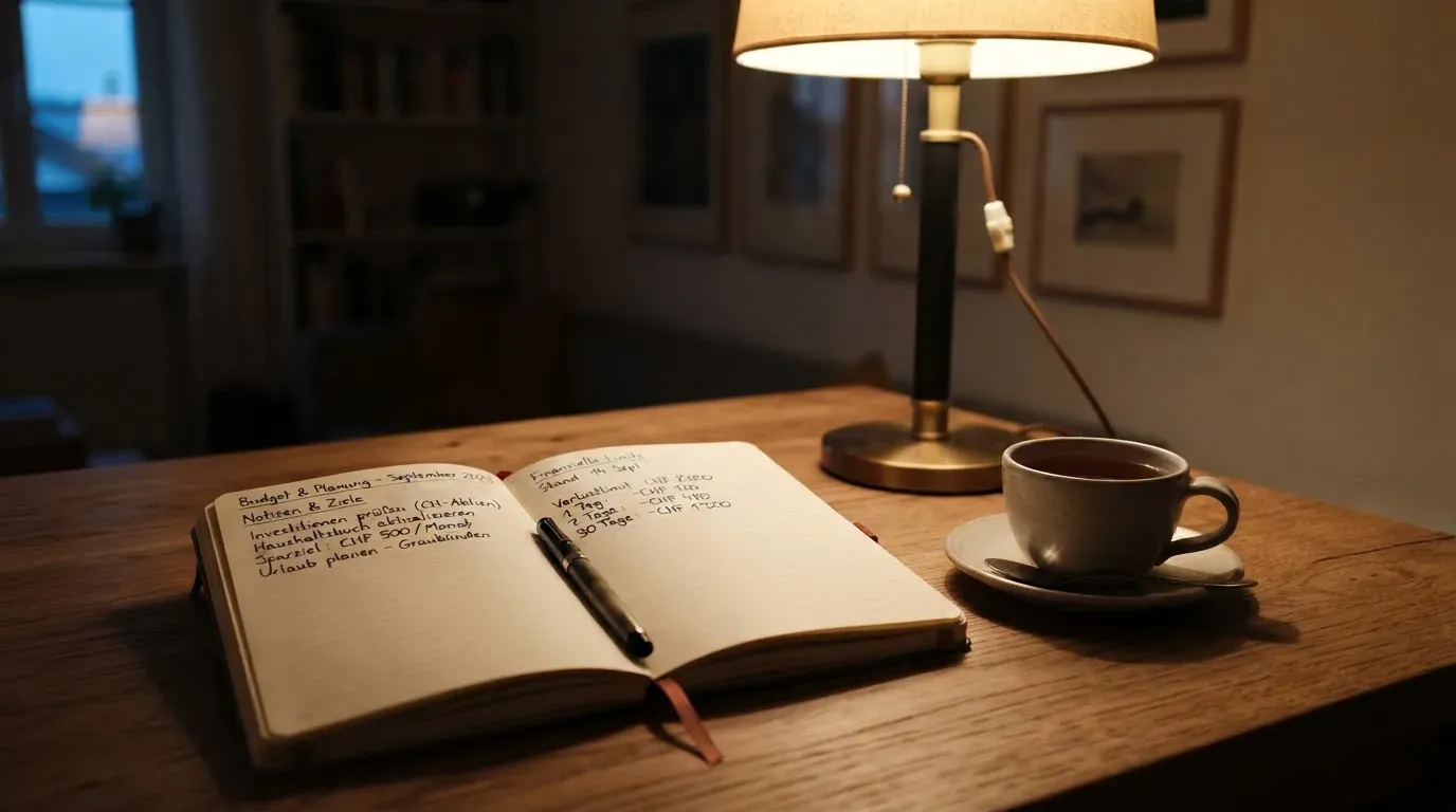 Ein Notizbuch mit handschriftlichen Einträgen und eine Tasse Tee stehen auf einem Tisch neben einer Stehlampe