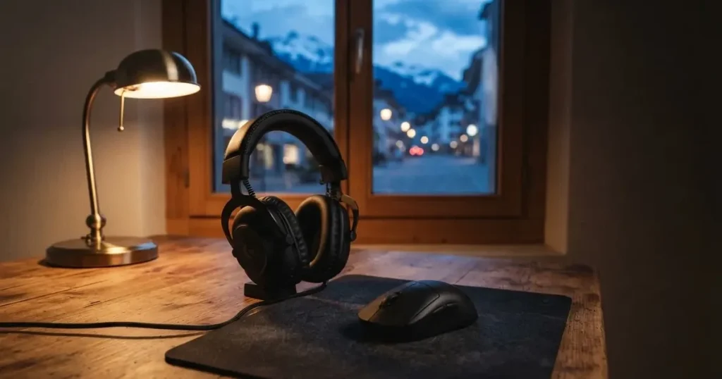 Ein Headset und eine Computermaus liegen auf einem Holzschreibtisch neben einer Tischlampe, draussen ist es Abend