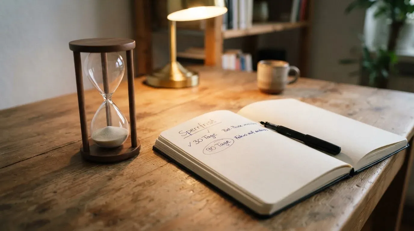 Eine Sanduhr steht auf einem Schreibtisch neben einem Notizbuch mit handschriftlichen Einträgen im Licht einer Lampe