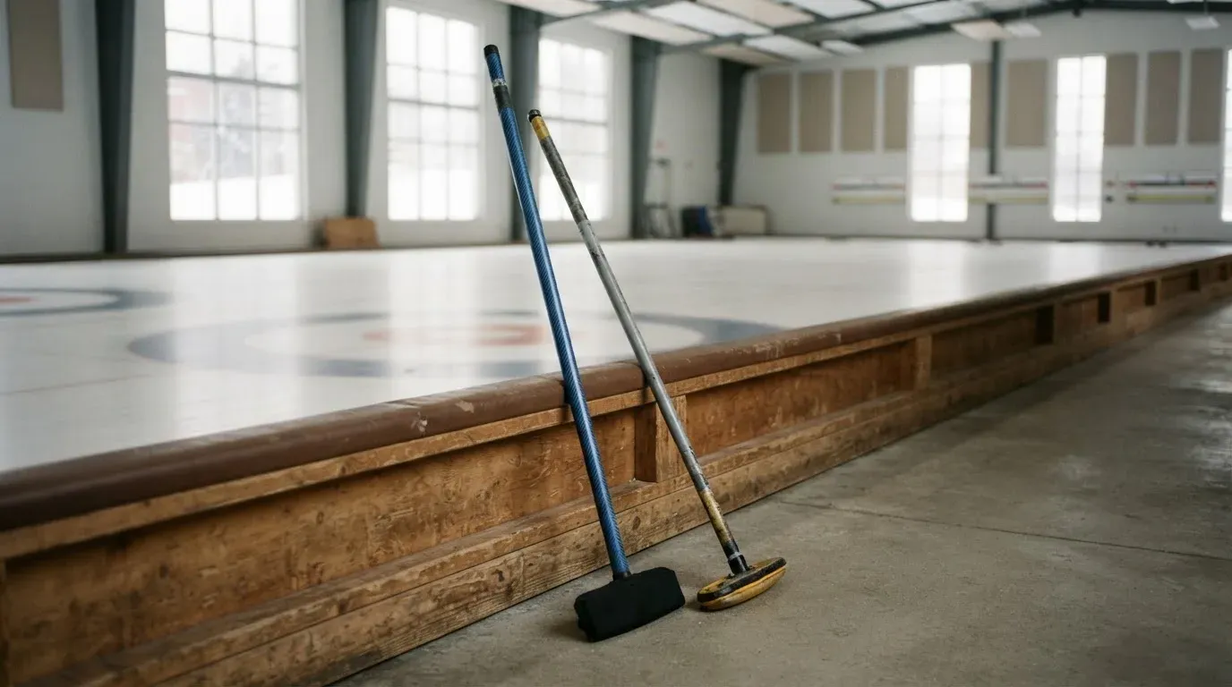 Zwei Curlingbesen lehnen an einer Bande am Rand einer leeren Eisfläche, kaltes Licht fällt durch hohe Fenster