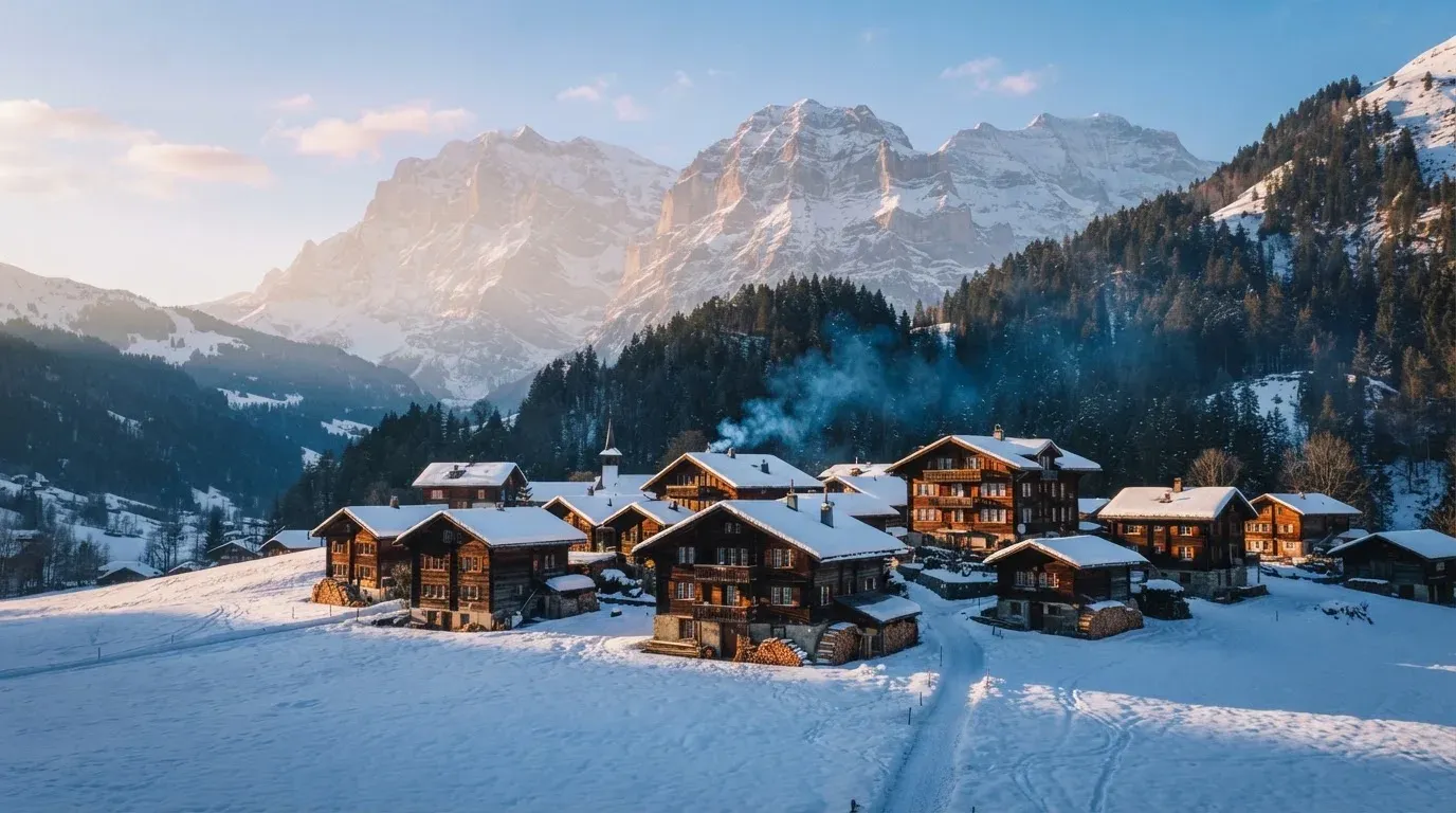 Ein Bergdorf im Schnee am Morgen aus der Ferne gesehen, aus einem Kamin steigt Rauch auf