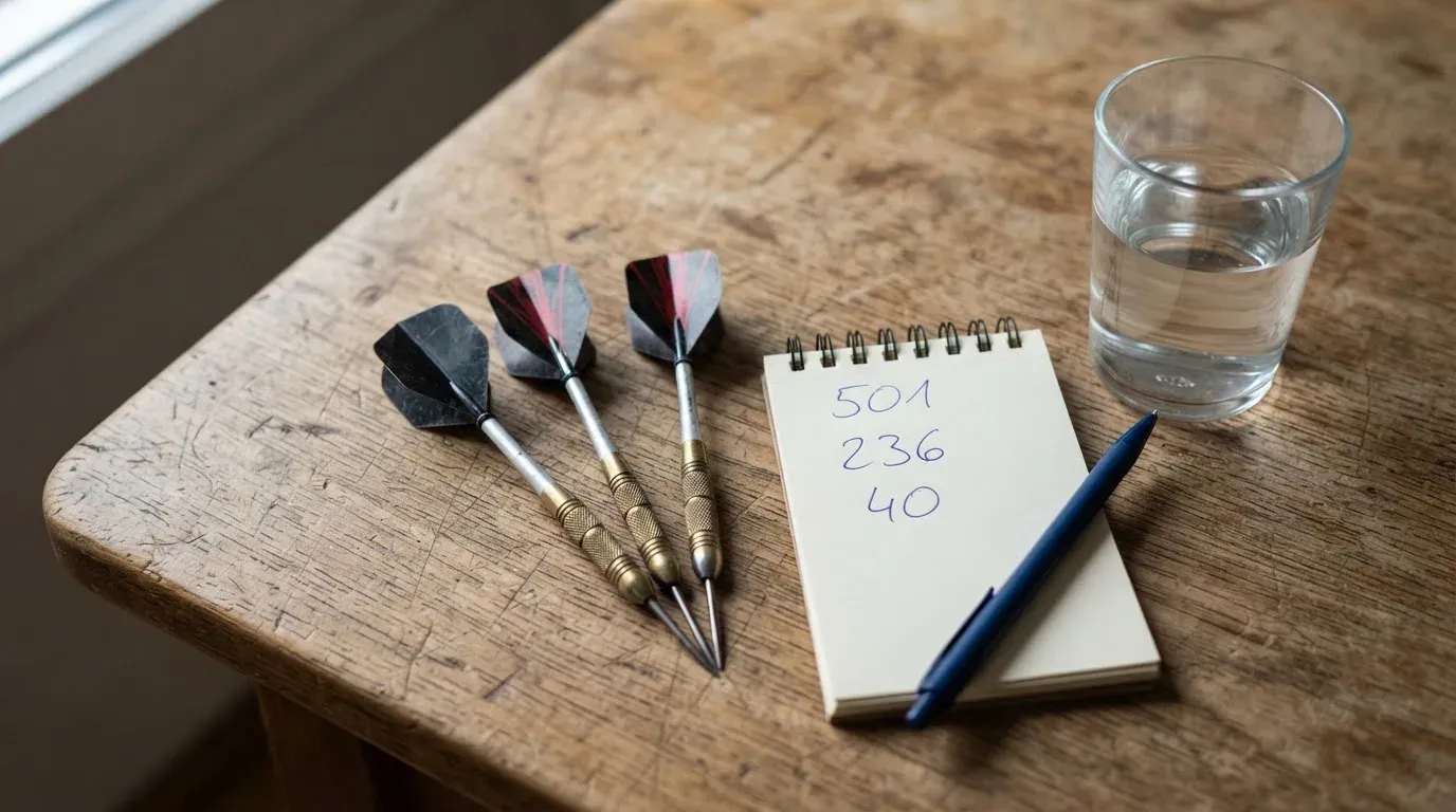 Drei Dartpfeile liegen auf einer Holzfläche neben einem Notizblock mit handschriftlichen Zahlen und einem Glas Wasser