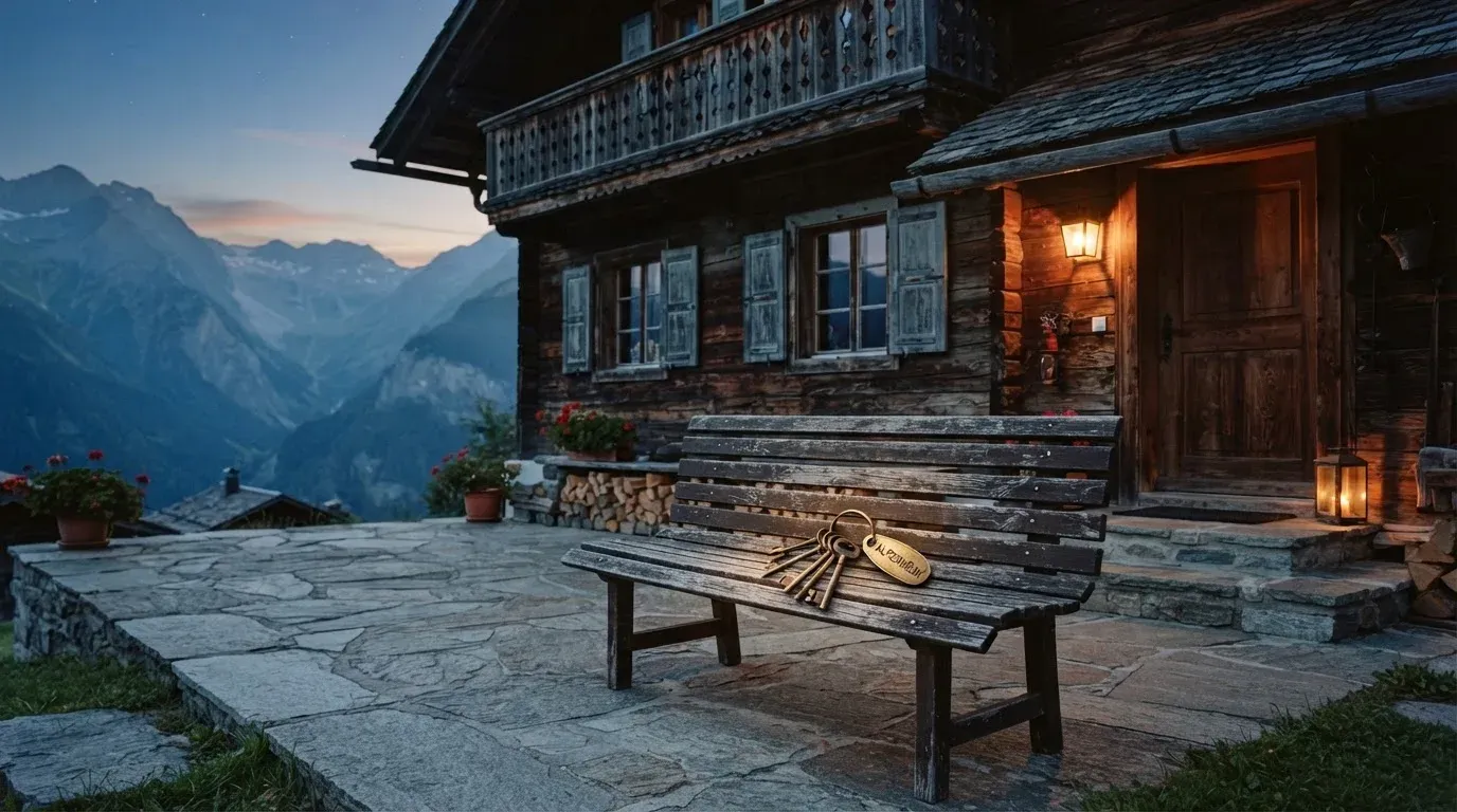 Eine Holzbank steht vor einem Chalet im Abendlicht, ein Schlüsselbund liegt darauf