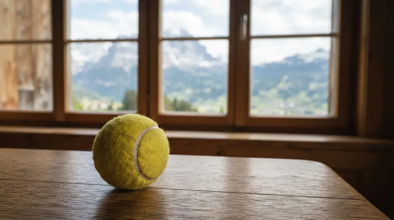 Ein einzelner gelber Tennisball liegt auf einem Holztisch vor einem Fenster mit Alpenblick