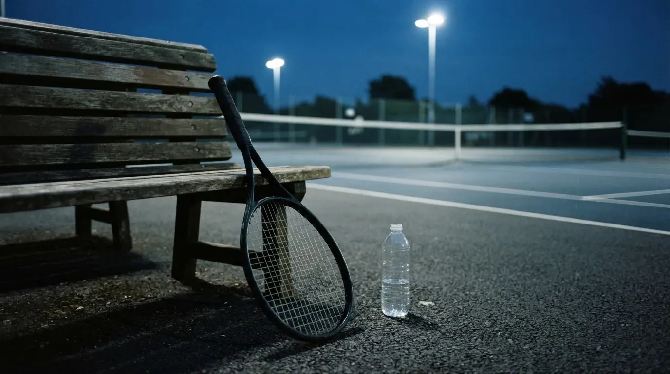Ein Tennisschläger lehnt an einer Bank neben einer Wasserflasche, am Abend ruht der Platz im Flutlicht, aus der Ferne gesehen