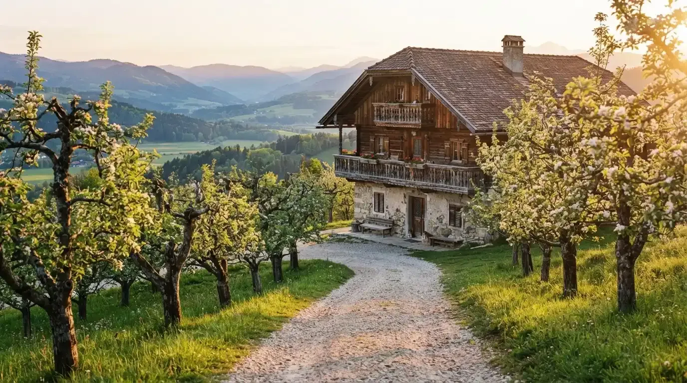 Ein Kiesweg führt durch einen Obstgarten zu einem Bauernhaus mit Holzbalkon, über dem Tal liegt Abendlicht