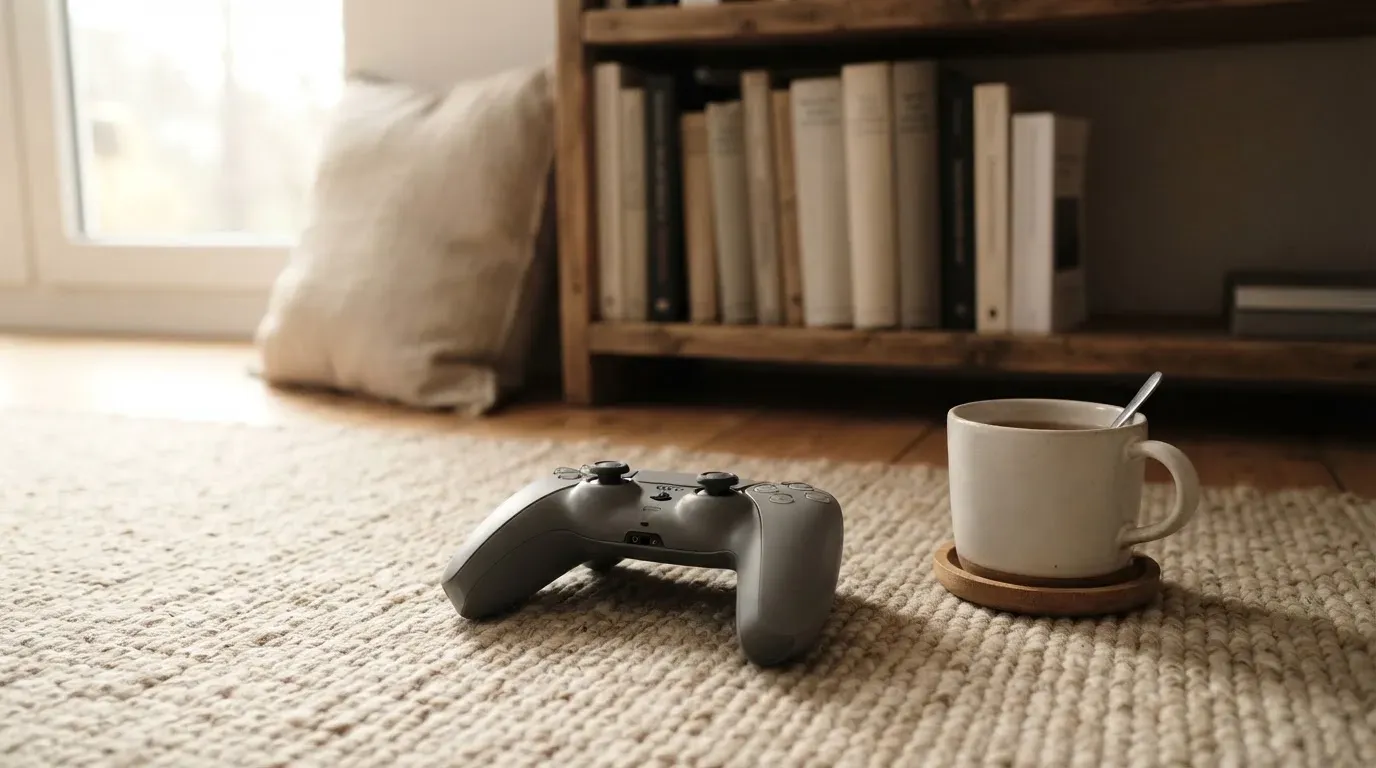Ein Spielcontroller liegt auf einem Teppich neben einer Tasse, im Hintergrund ein Regal mit Büchern