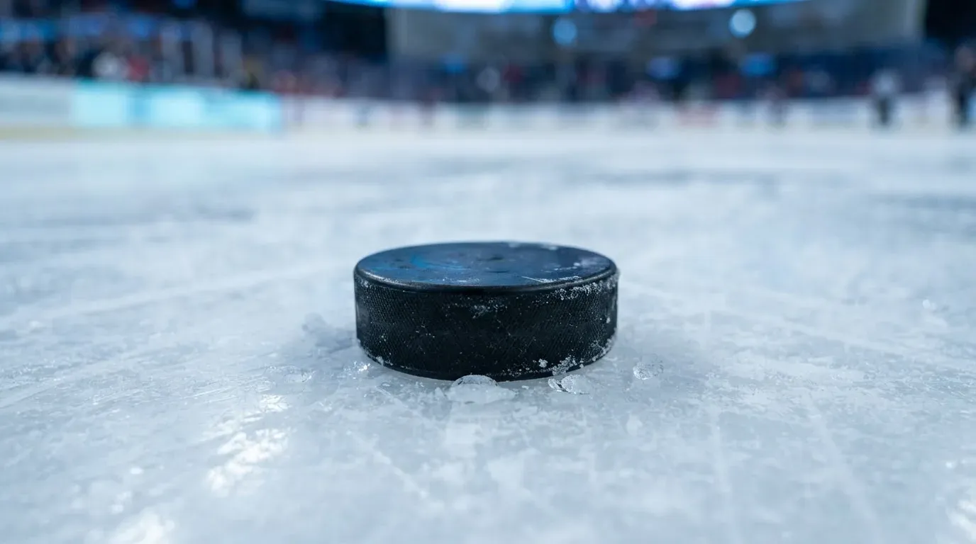 Ein Eishockeypuck liegt auf einer Eisfläche mit Kratzspuren, Nahaufnahme mit kühlen Reflexen