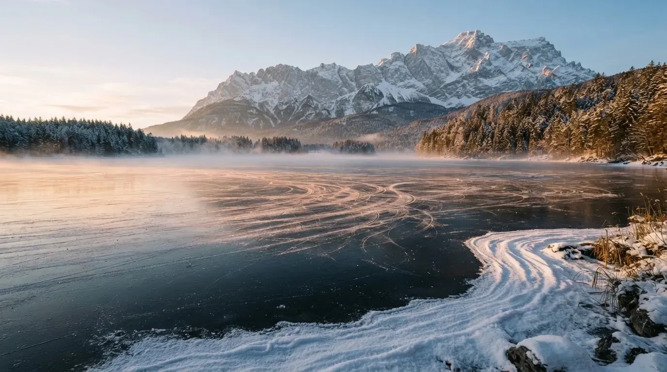 Ein zugefrorener Bergsee mit Spuren von Schlittschuhen am Morgen, dahinter ein verschneiter Wald
