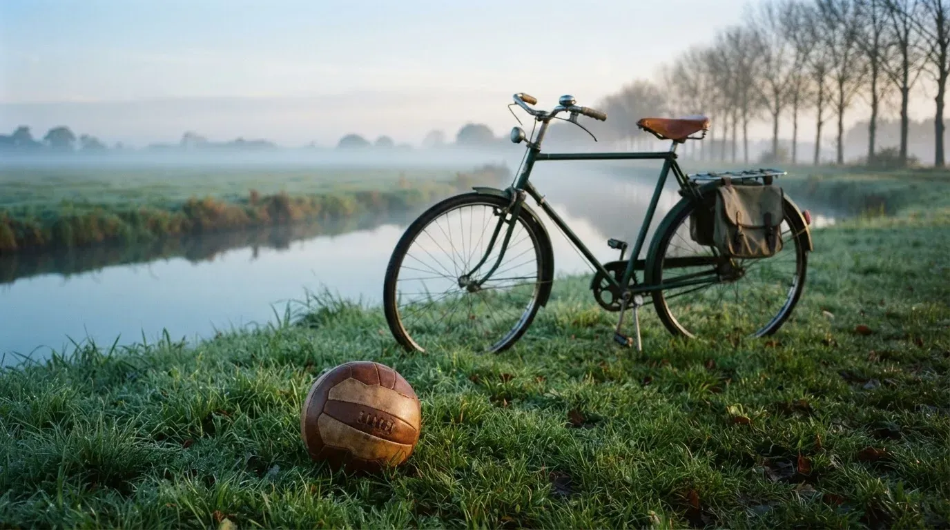 Ein Fussball liegt auf einer Wiese neben einem Fahrrad, im Hintergrund ein Kanal im Morgenlicht