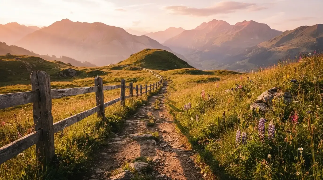 Ein Wanderweg führt durch eine Almwiese im Sonnenuntergang, am Wegrand steht ein Holzzaun