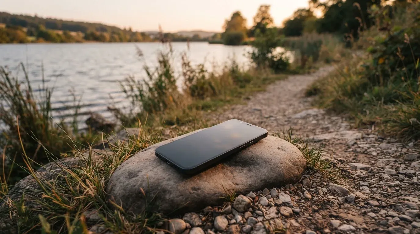 Ein schmaler Wanderweg führt am Seeufer entlang, auf einem Stein liegt ein Smartphone mit dunklem Display