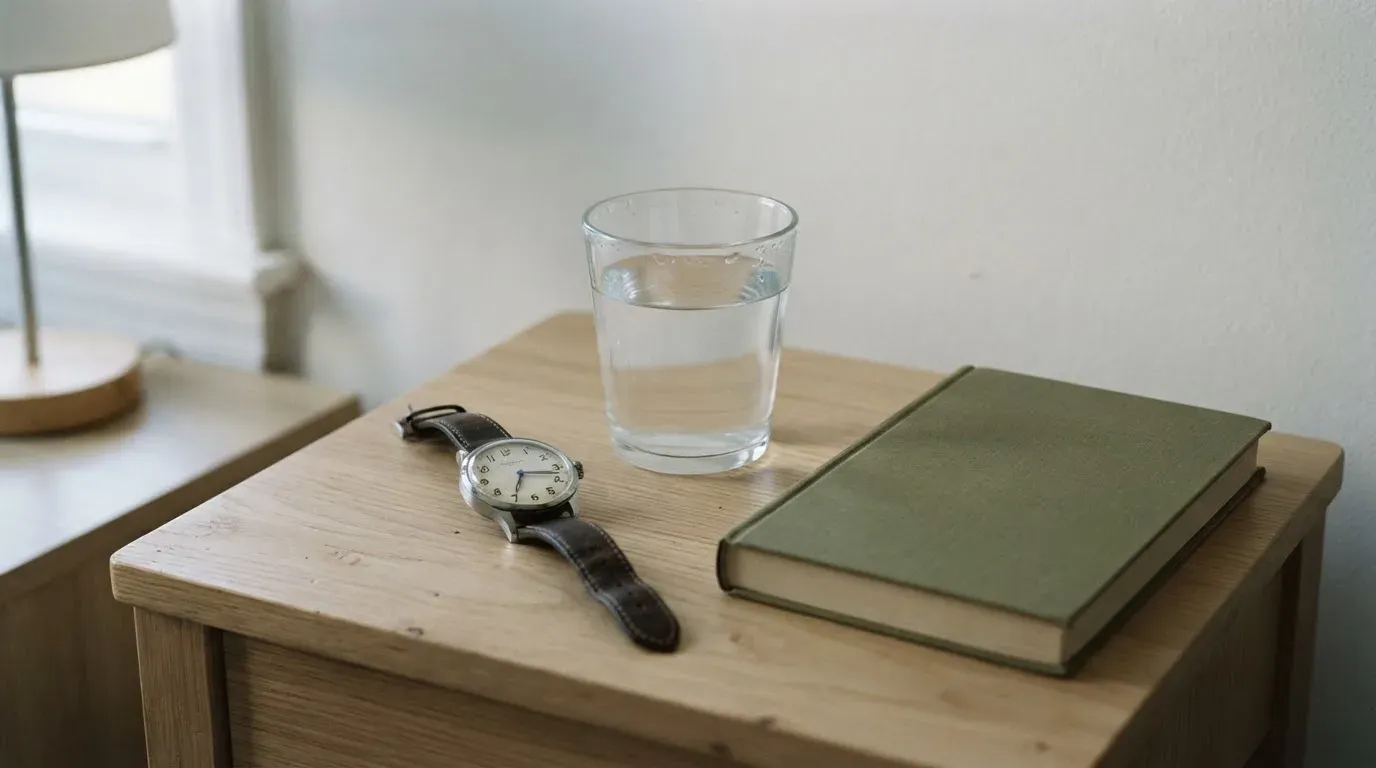 Eine Armbanduhr und ein Wasserglas stehen auf einem Nachttisch im ersten Morgenlicht, daneben ein zugeklapptes Buch.