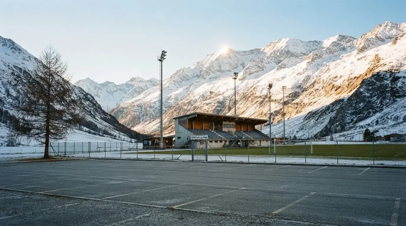 Schneebedeckte Berge ragen hinter einem kleinen Stadion in einem Alpental auf, im Vordergrund ein leerer Parkplatz am Morgen.