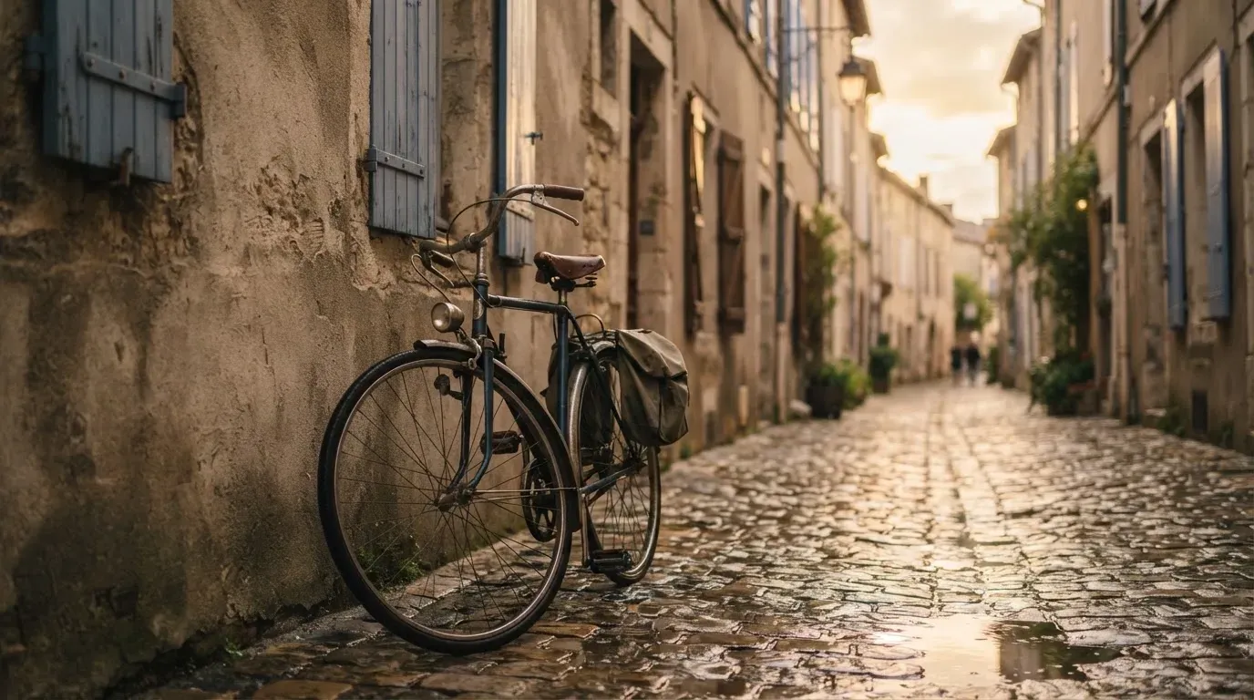 Ein Fahrrad lehnt an einer Mauer in einer Altstadtgasse, das Kopfsteinpflaster glänzt nass nach dem Regen.