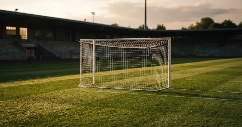 Ein Fussballtor mit weissem Netz steht auf frisch gemähtem Rasen, die hellen und dunklen Streifen im Gras leuchten im Gegenlicht.