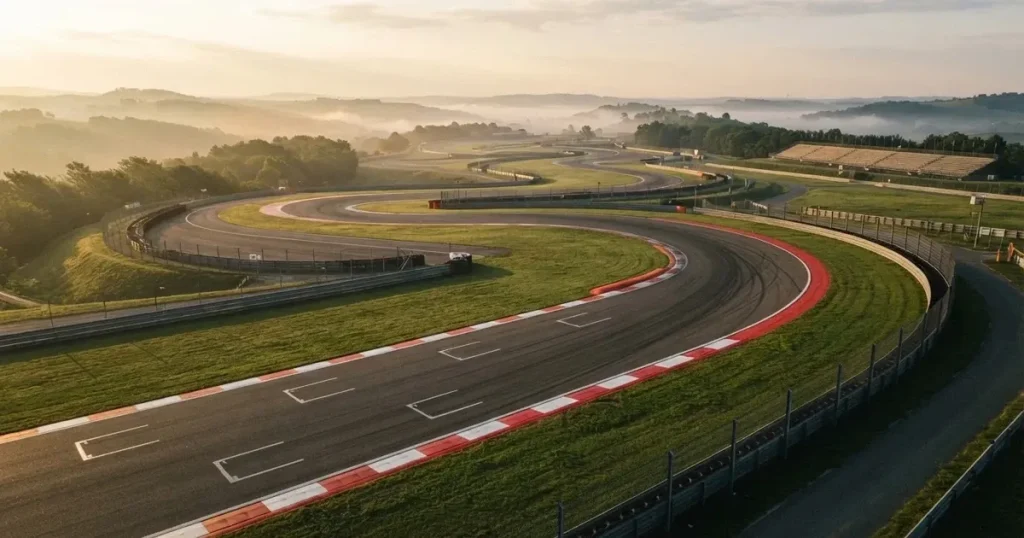 Eine leere Rennstrecke mit Asphaltkurven und rot-weissen Randsteinen, aus der Höhe bei Sonnenaufgang gesehen.