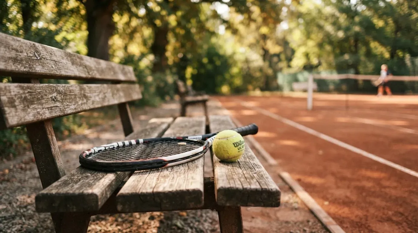 Ein Tennisball und ein Schläger ruhen auf einer Holzbank am Spielfeldrand, im Hintergrund hohe Bäume im Sommerlicht.
