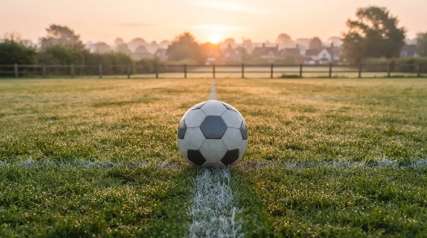 Ein Fussball liegt im Tau auf der Mittellinie eines Dorfplatzes bei Sonnenaufgang, der Rasen glitzert.
