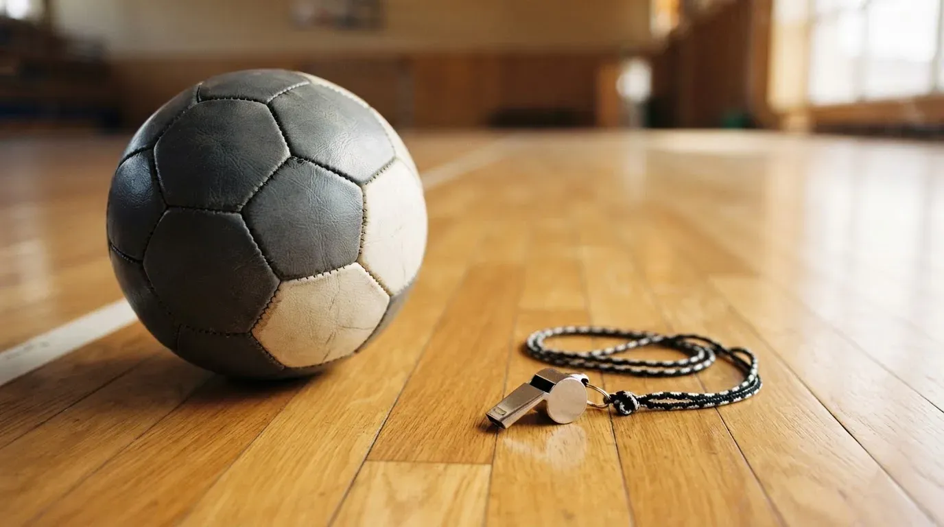 Ein kleiner, schwerer Ball liegt auf glattem Hallenparkett neben einer Trillerpfeife an einer Schnur.