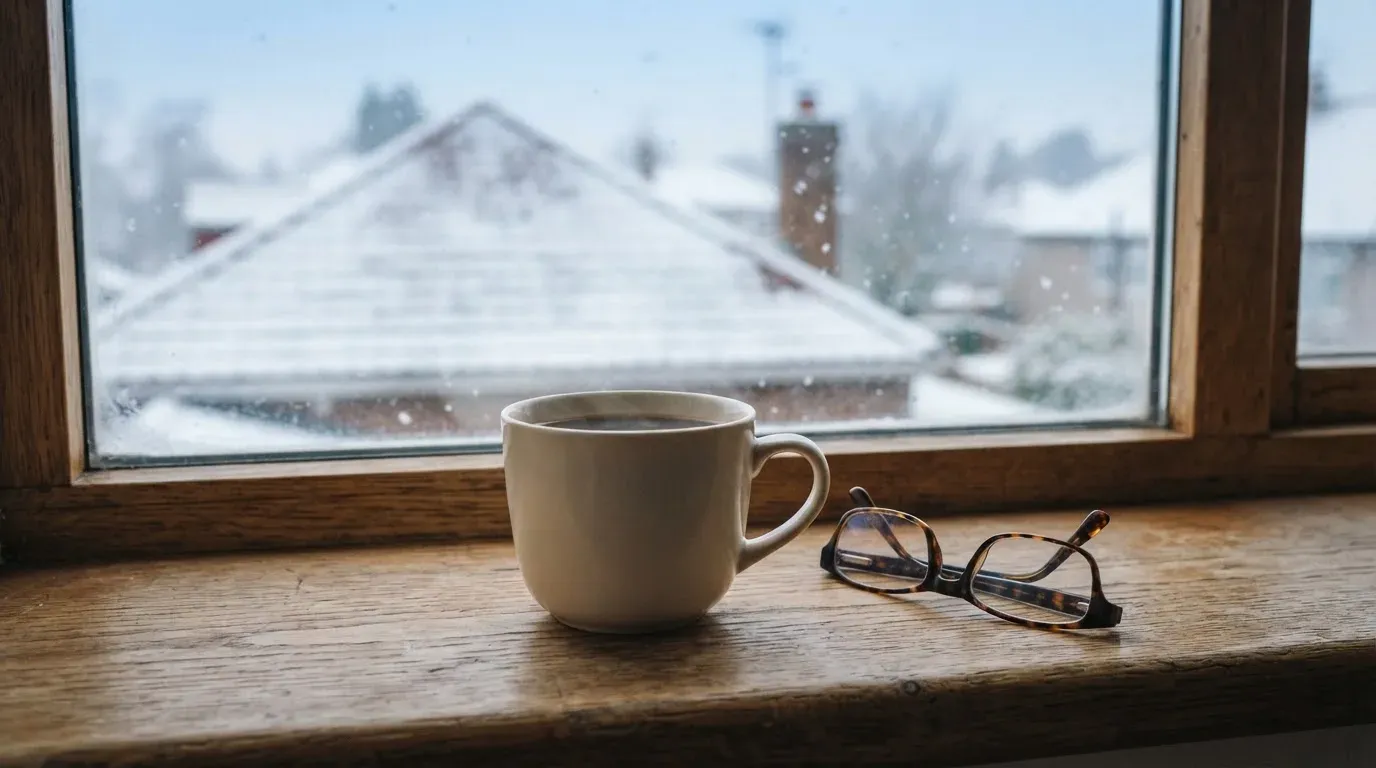 Eine Kaffeetasse und eine Brille stehen auf einem Fensterbrett, draussen fällt Schnee auf ein Dach.