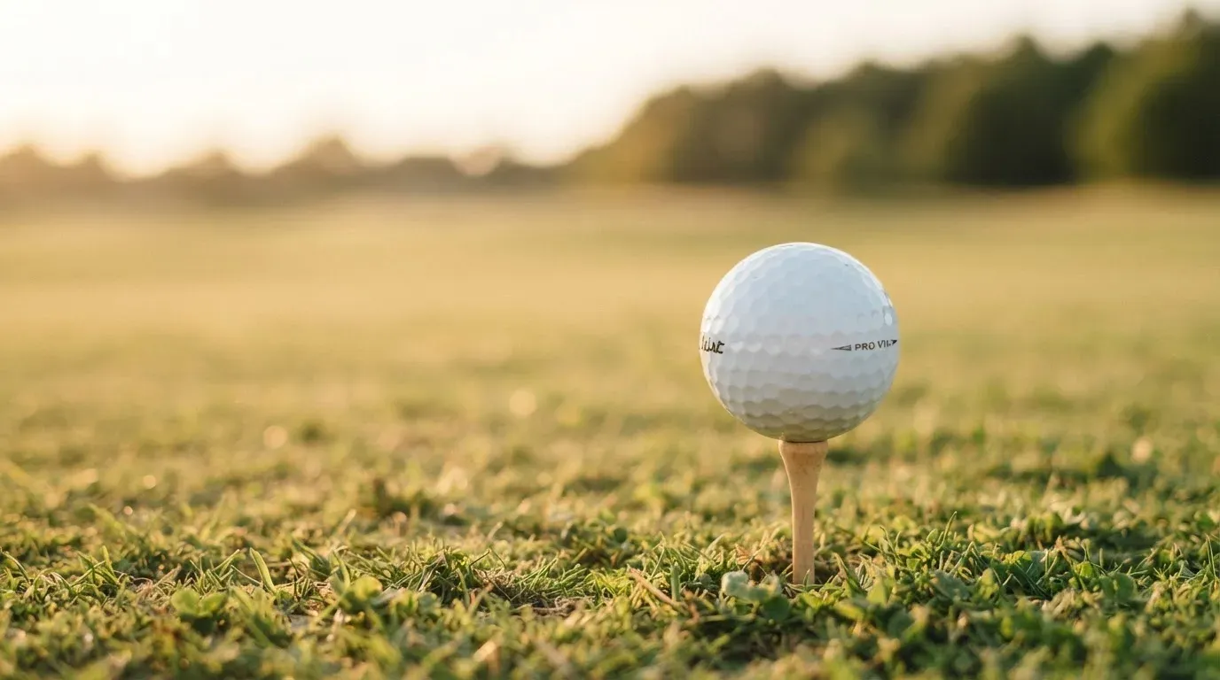 Ein Golfball liegt auf einem Holztee im Gras, scharf im Vordergrund, dahinter verschwimmt eine weite Wiese.