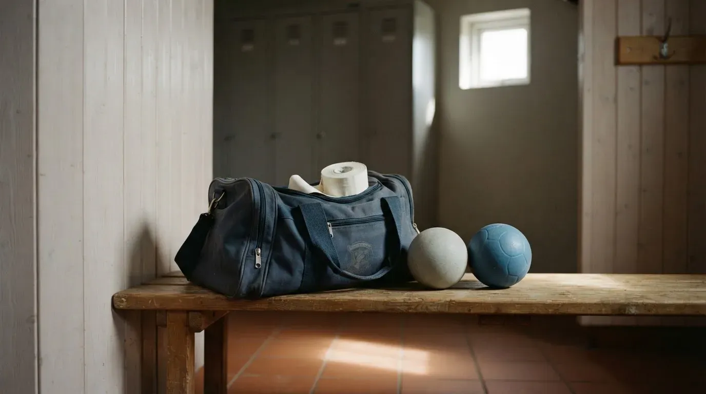 Eine Stofftasche mit Klebeband und zwei Handbällen steht auf einer Bank in einer Umkleide, Licht fällt durch ein kleines Fenster.