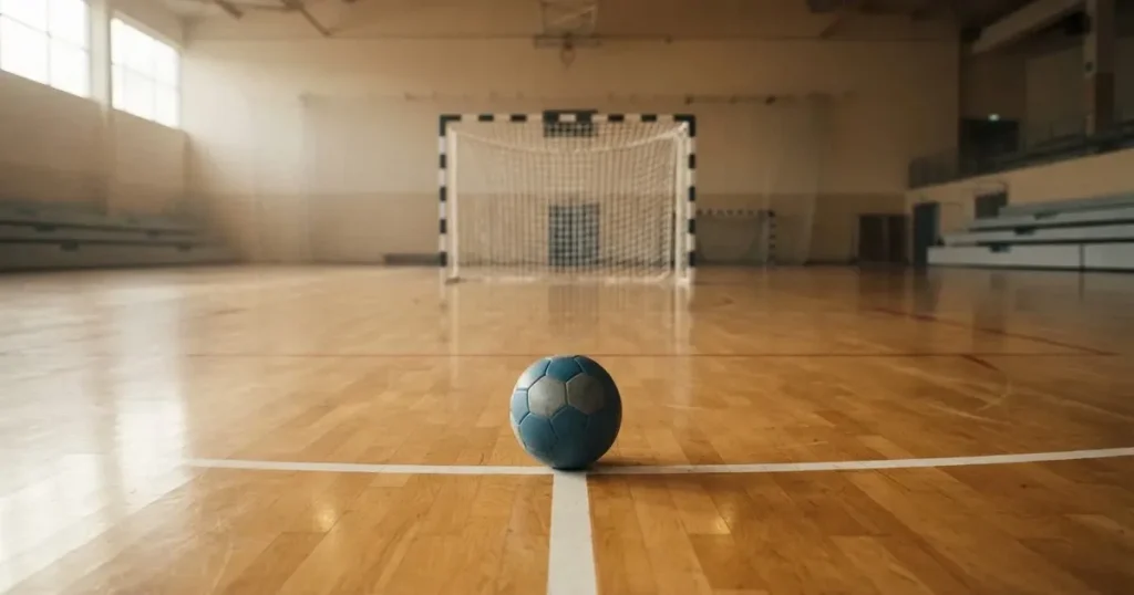 Ein Tor mit dicht gespanntem Netz steht in einer grossen Halle, davor liegt ein Handball auf der Torraumlinie.