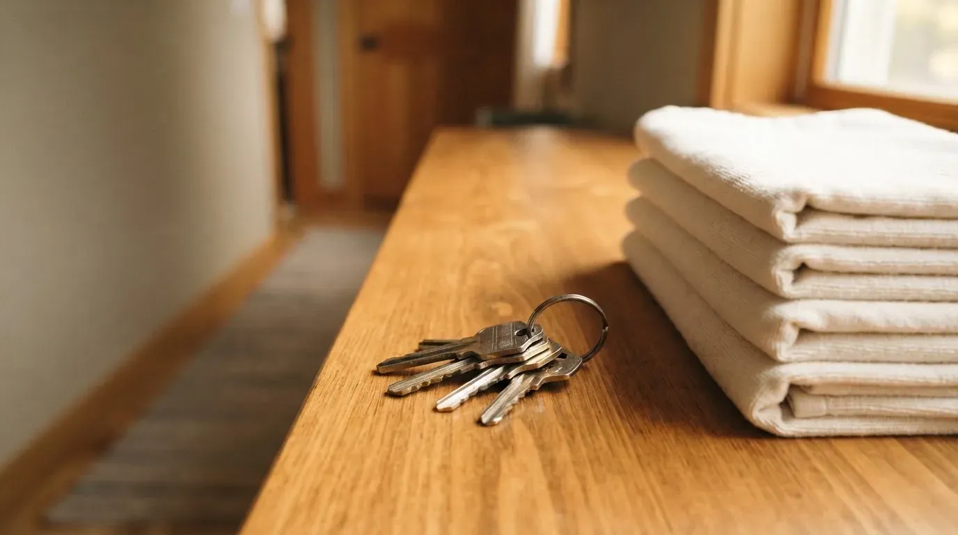 Ein Schlüsselbund liegt auf einem Holzregal neben einem Stapel gefalteter Handtücher, das Licht ist warm.