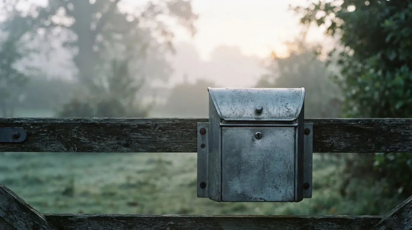 Ein Briefkasten aus Metall hängt an einem Holzzaun, dahinter liegt ein Garten im Morgennebel.