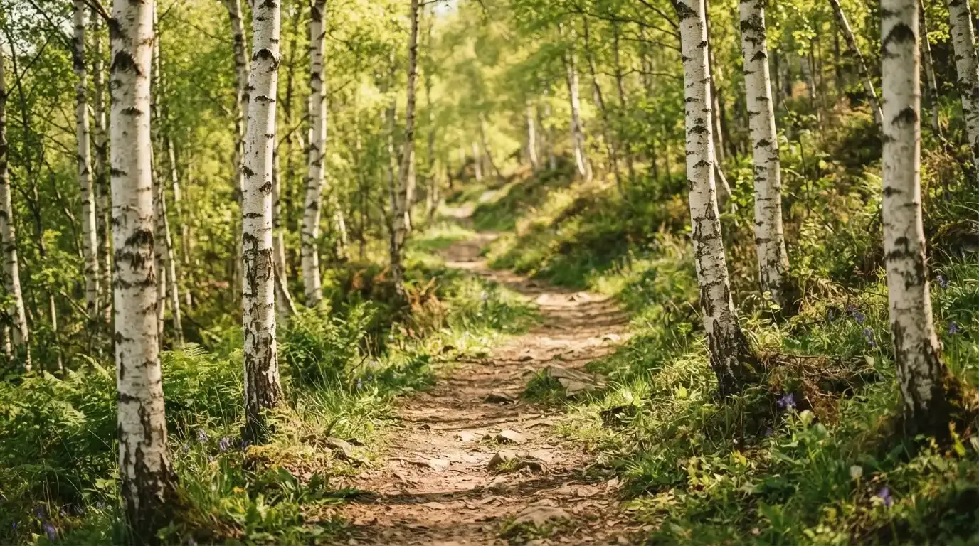 Ein Wanderweg führt zwischen hellen Birken bergauf, Sonnenstrahlen fallen durch das Laub auf den Boden.