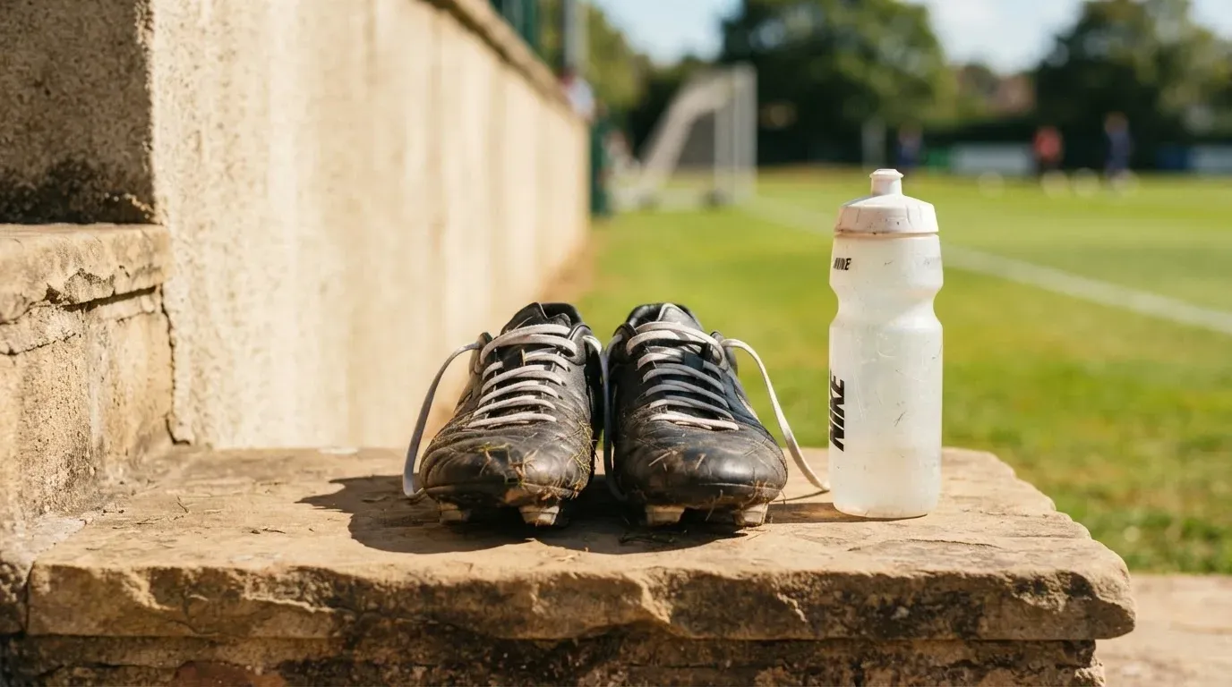 Ein Paar abgetragene Fussballschuhe steht neben einer Wasserflasche auf einer Treppenstufe im Sonnenlicht.